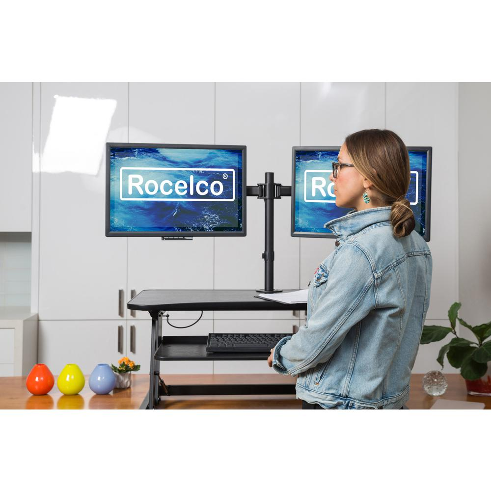 Rocelco 37.5" Deluxe Height Adjustable Standing Desk Converter with Dual Monitor Mount BUNDLE - Quick Sit Stand Up Computer Workstation Riser - Large Retractable Keyboard Tray - Black (R DADRB-DM2)