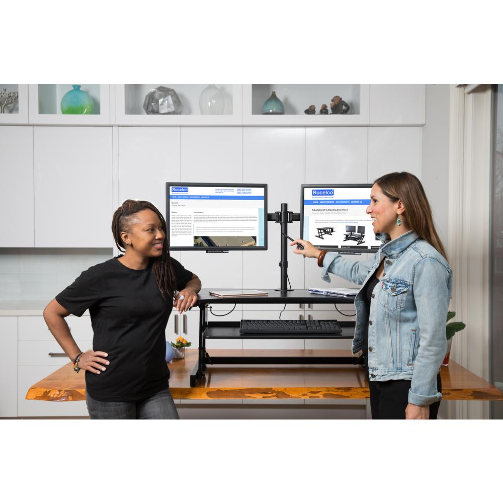 Rocelco 37.5" Deluxe Height Adjustable Standing Desk Converter with Dual Monitor Mount BUNDLE - Quick Sit Stand Up Computer Workstation Riser - Large Retractable Keyboard Tray - Black (R DADRB-DM2)