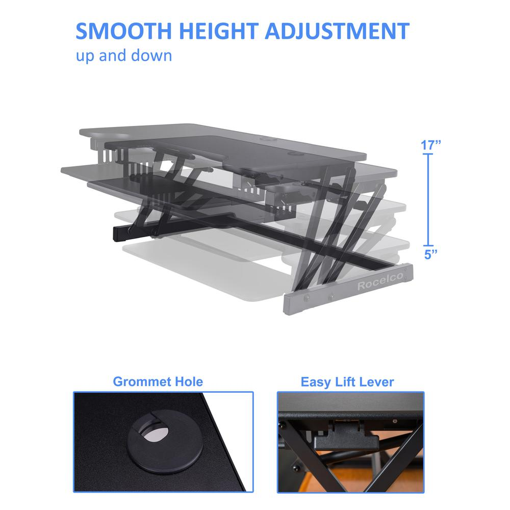 Rocelco 37.5" Deluxe Height Adjustable Standing Desk Converter with Dual Monitor Mount BUNDLE - Quick Sit Stand Up Computer Workstation Riser - Large Retractable Keyboard Tray - Black (R DADRB-DM2)