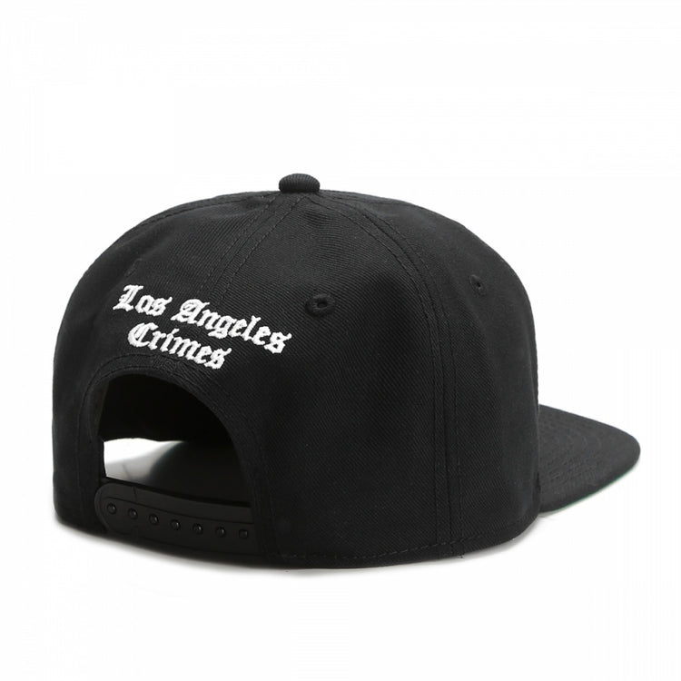 a black hat with white text on it