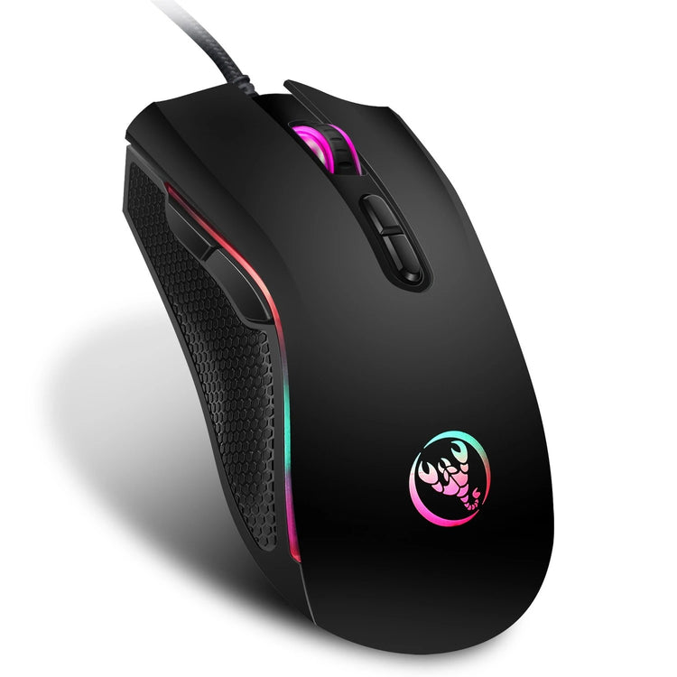 a black computer mouse with a pink logo