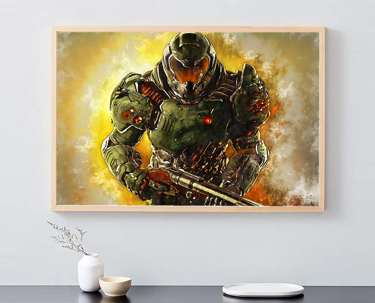 a framed picture of a green robot holding a gun