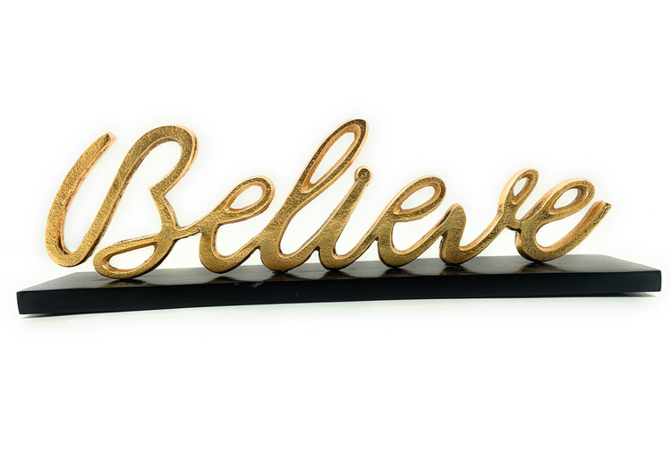 a gold text on a black stand