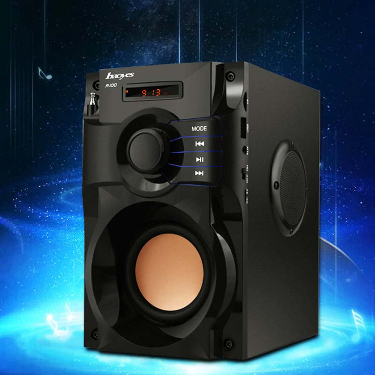 a black speaker with a round speaker and a round speaker