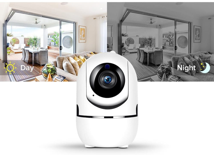 a white camera with a black and white image of a house