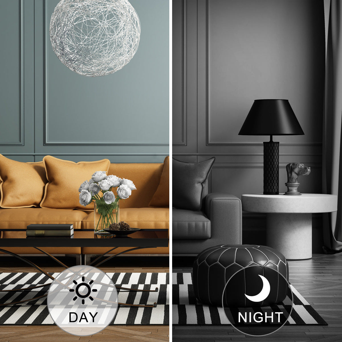 a comparison of a living room