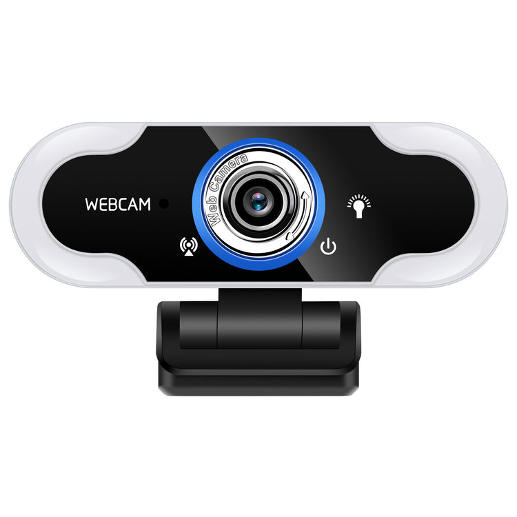 a black webcam with a blue circle and white circle