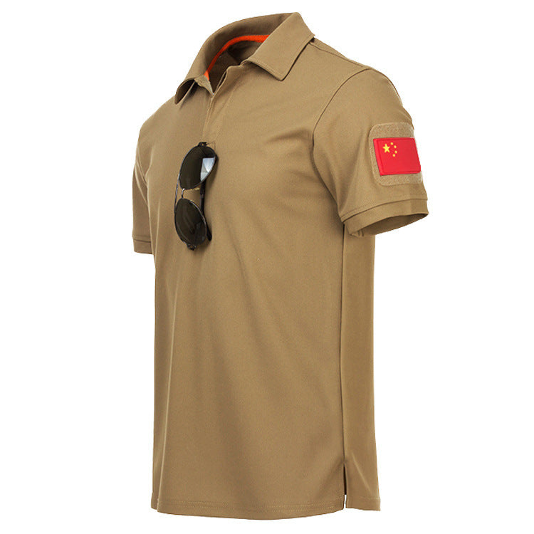 a tan polo shirt with sunglasses on the sleeve