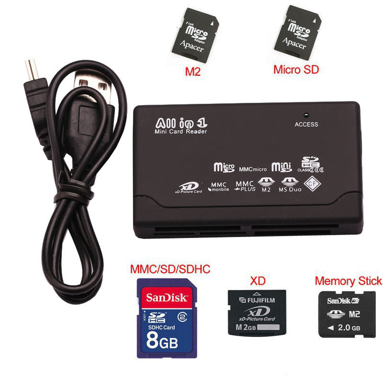 a black card reader with a cable and memory cards