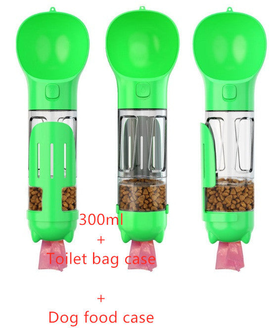 a group of green dispensers with a green spoon and a green plastic bag