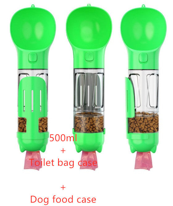 a group of green dispensers with a green spoon and a green plastic bag
