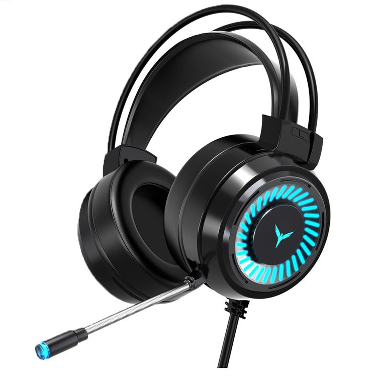 a black headphones with a blue light