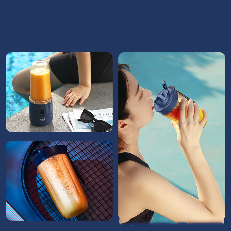a collage of a woman drinking from a blender