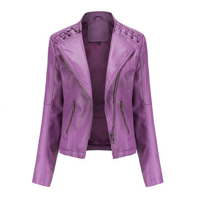a purple leather jacket with zippers