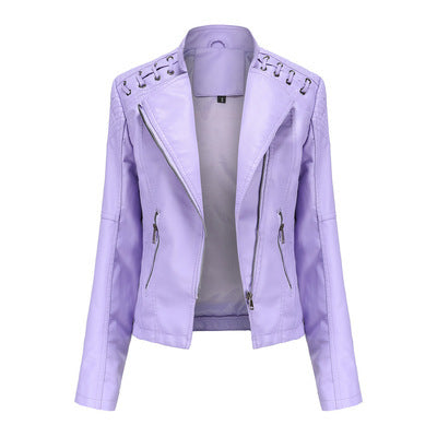 a purple leather jacket with zippers