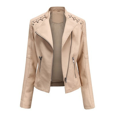 a tan leather jacket with zippers