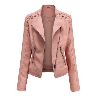 a pink leather jacket with zippers