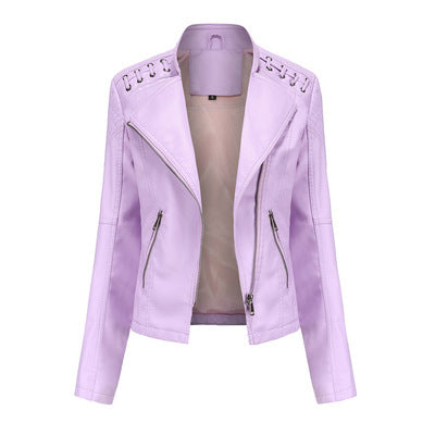 a purple leather jacket with zippers