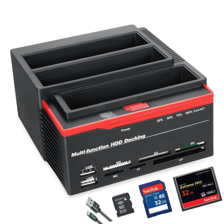 a black and red device with several memory cards