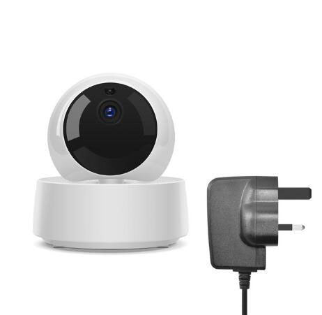 a round white camera with a black circle on it