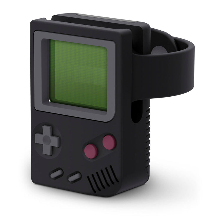 a black handheld gaming device with a green screen