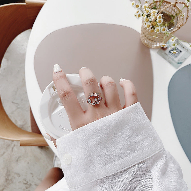 Sparkling Diamond Crystal Zircon Flower Ring Micro Inlaid Sweet Wild Love Flower Open Ring Bracelet