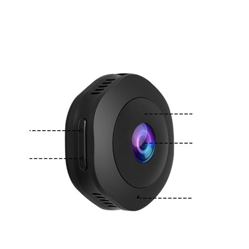 a black circular object with a blue and purple lens