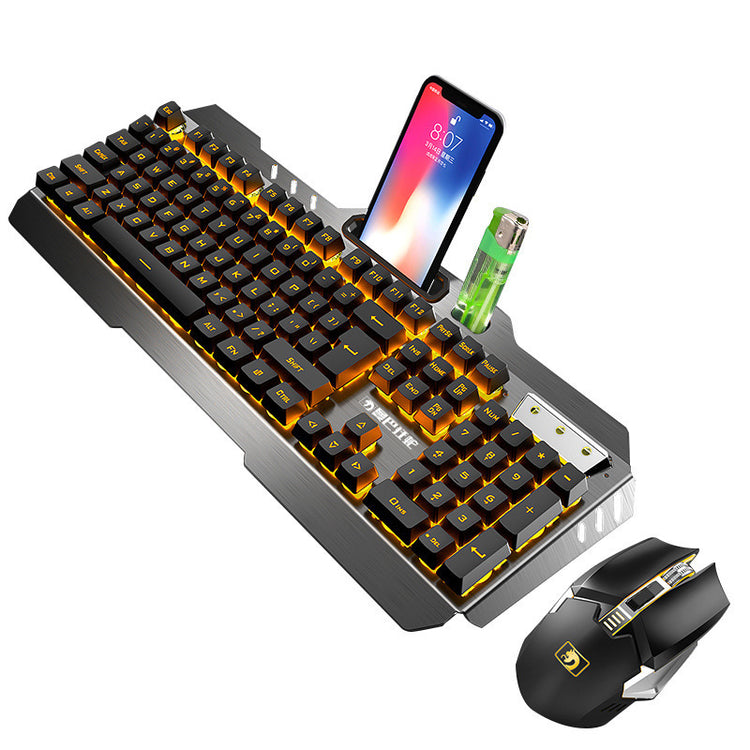 a keyboard and mouse with a phone and lighter