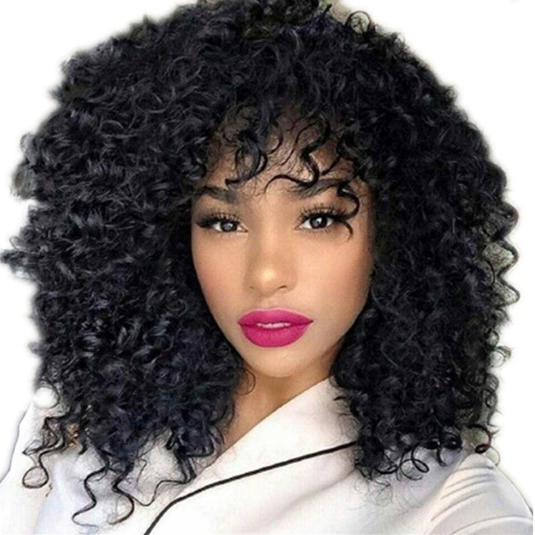 a woman with curly hair and pink lipstick