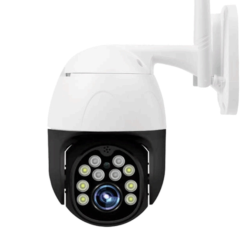 a white camera with a black and white circle
