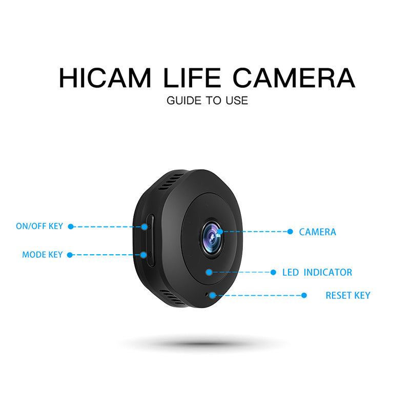 a black camera with blue text