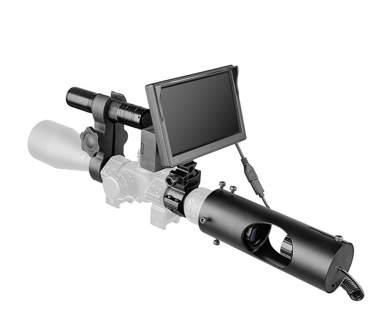 a black device with a screen and a scope