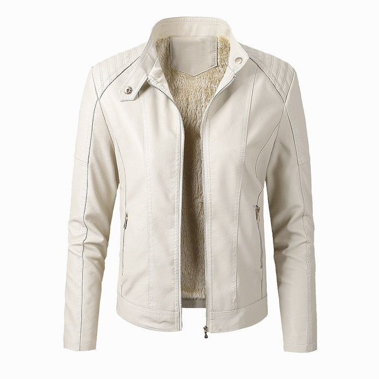 a white leather jacket with a zipper