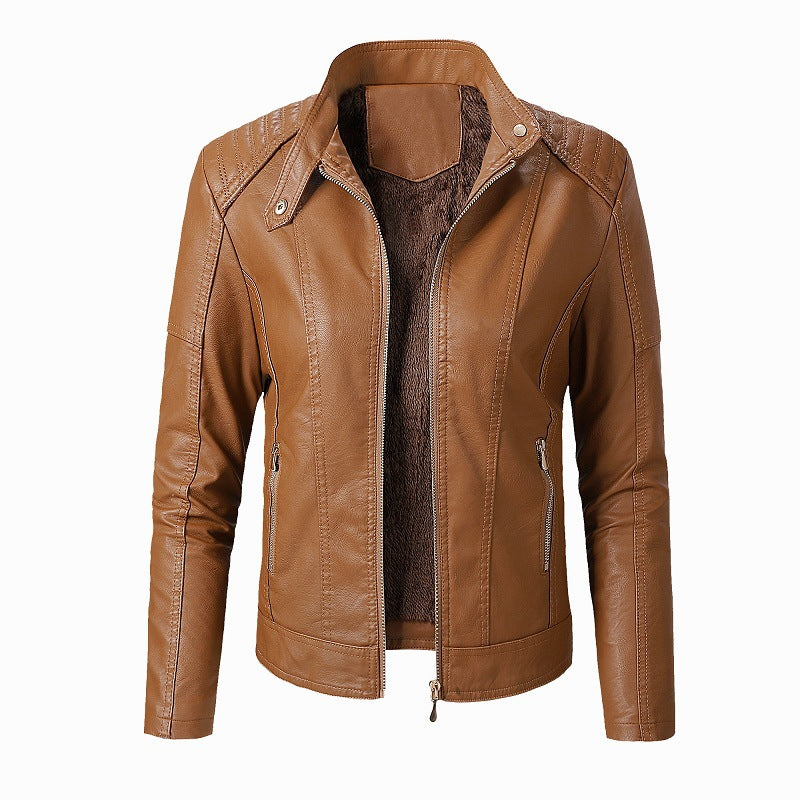 a brown leather jacket with zipper