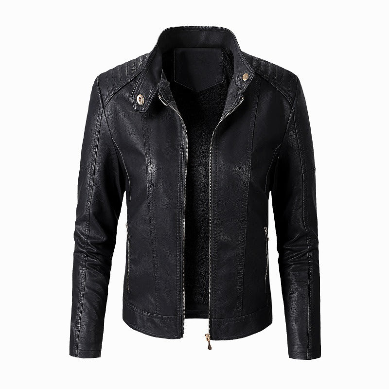 a black leather jacket with a white background