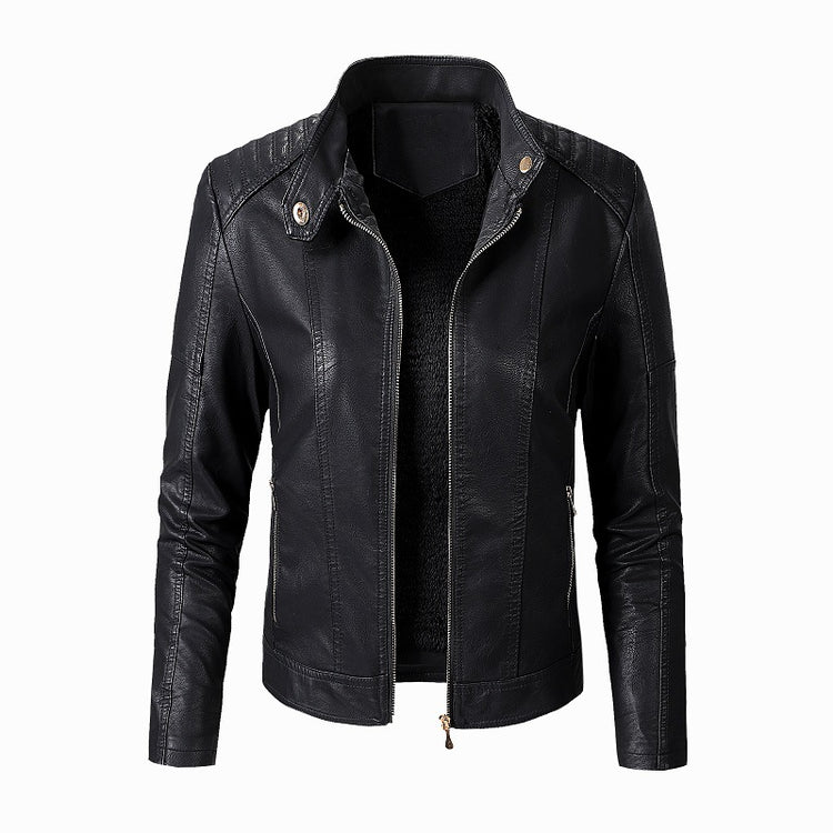 a black leather jacket with a white background