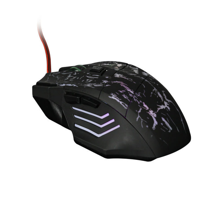 a black computer mouse with purple and white design