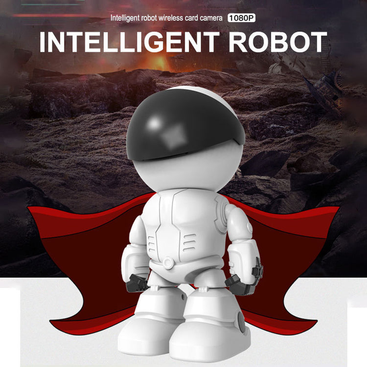 a white robot with a black helmet and red cape