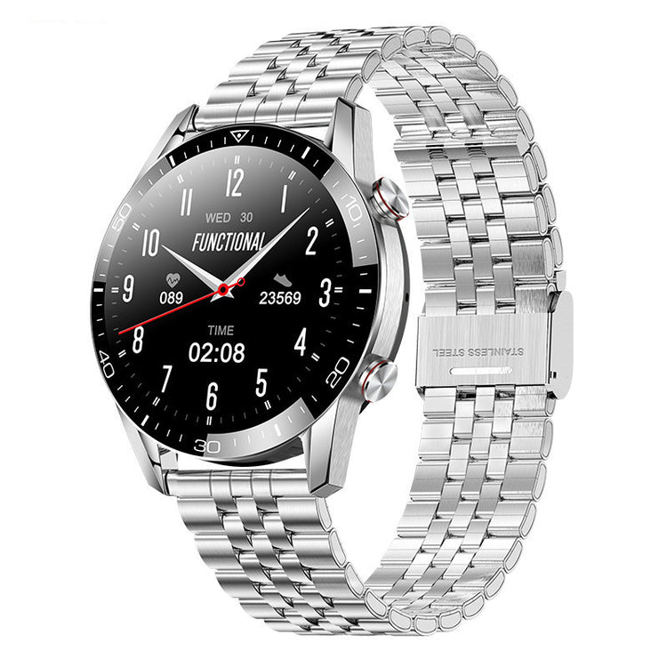 a silver watch with a black face