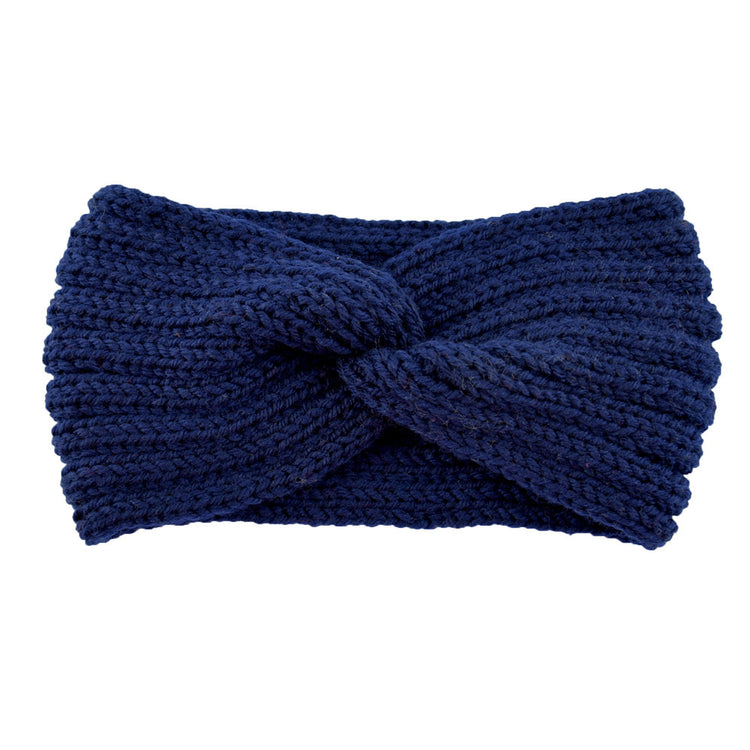 a blue knit headband with a knot