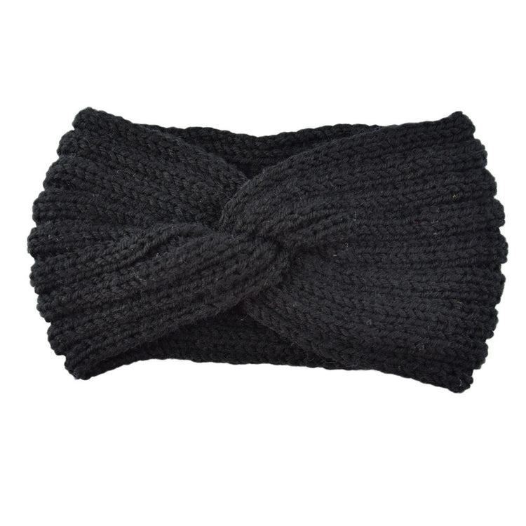 a black knit headband with a knot