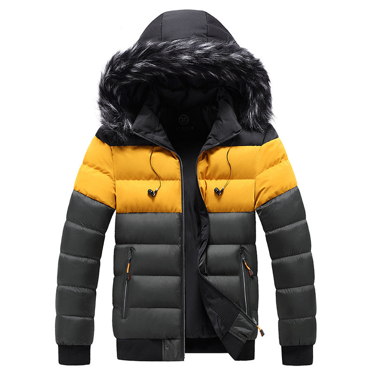 a black and yellow jacket with a fur hood