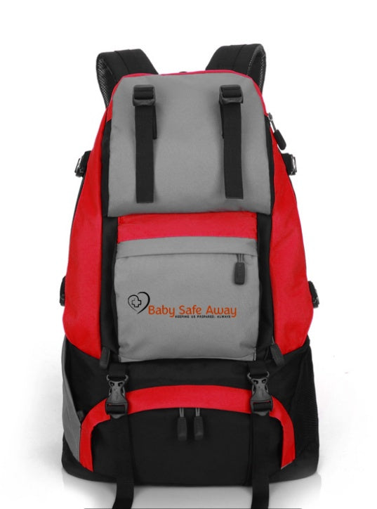 a red and grey backpack