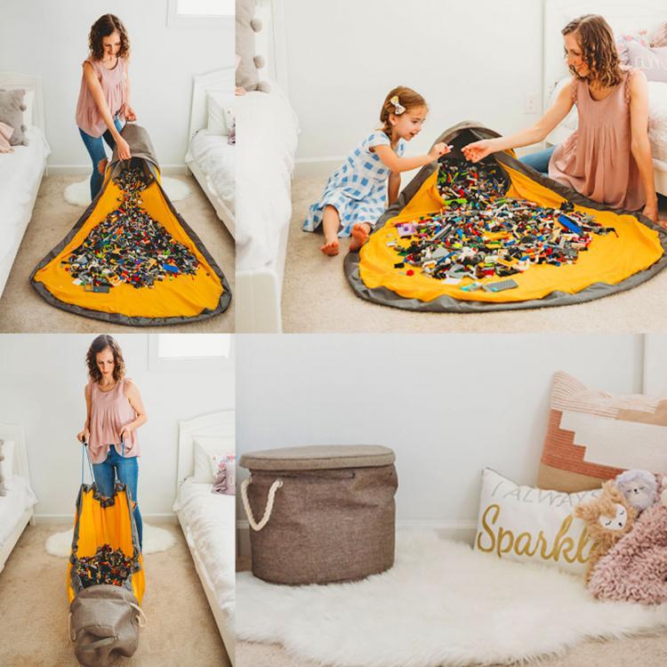 a collage of a woman and a girl playing with toys
