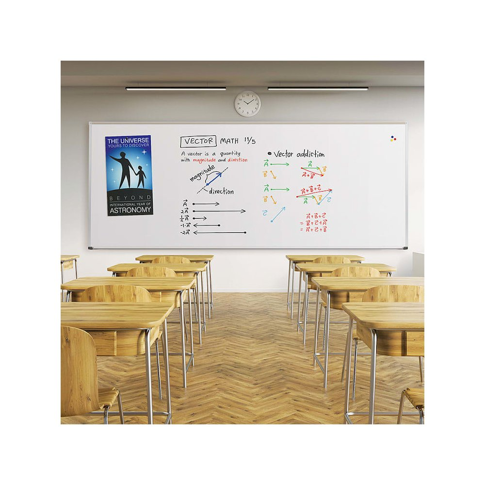 a classroom with desks and whiteboard