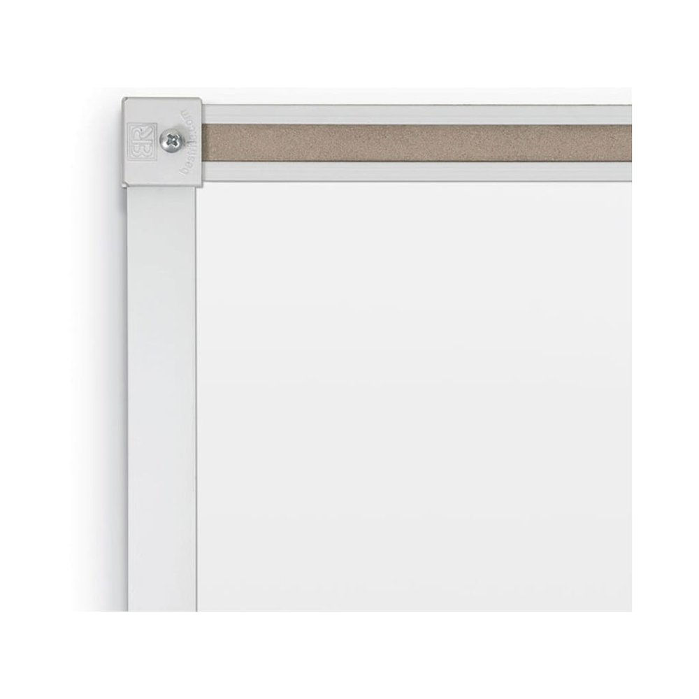 a white board with a metal corner