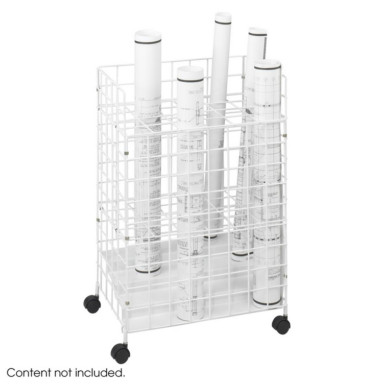 a wire rack with rolls of blueprints