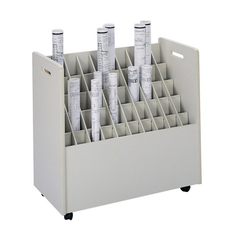 a white rack with rolls of paper