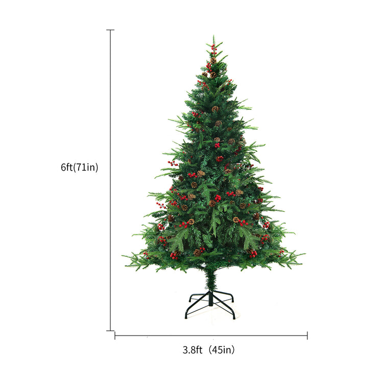 a tall christmas tree with red berries