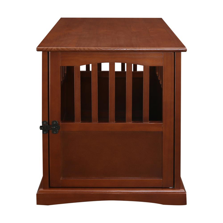 a wooden dog kennel with a door